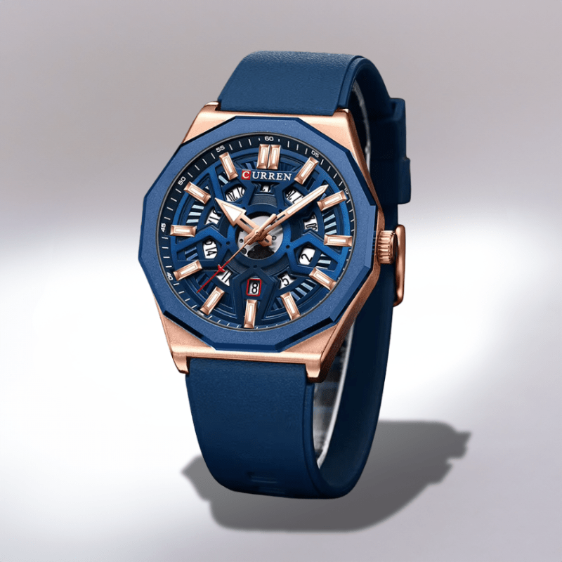 Montre homme sportive à cadran squelette, boîtier or rose et bracelet silicone bleu marine