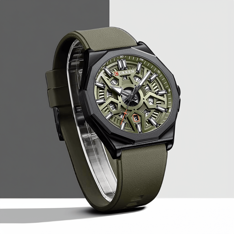 Montre homme sportive kaki à cadran squelette vert et bracelet silicone