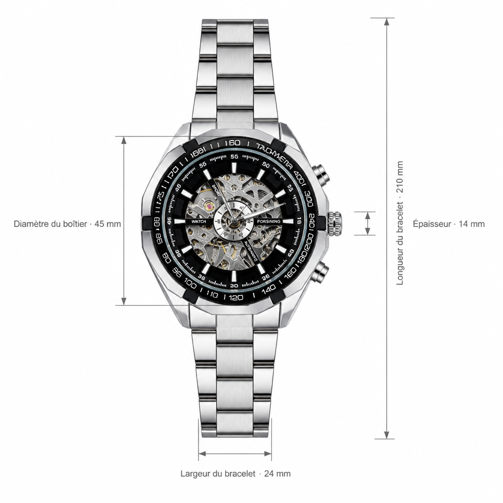 Schéma coté de la montre homme squelette : diamètre et épaisseur du boîtier, largeur et longueur du bracelet