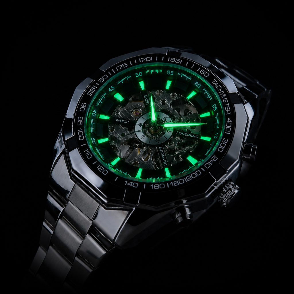 Montre homme squelette dans le noir : index, aiguilles des heures et des minutes et anneau intérieur lumineux
