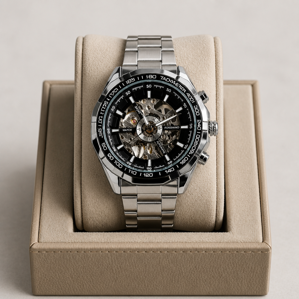 Montre homme squelette argent à cadran noir posée dans son écrin en cuir beige