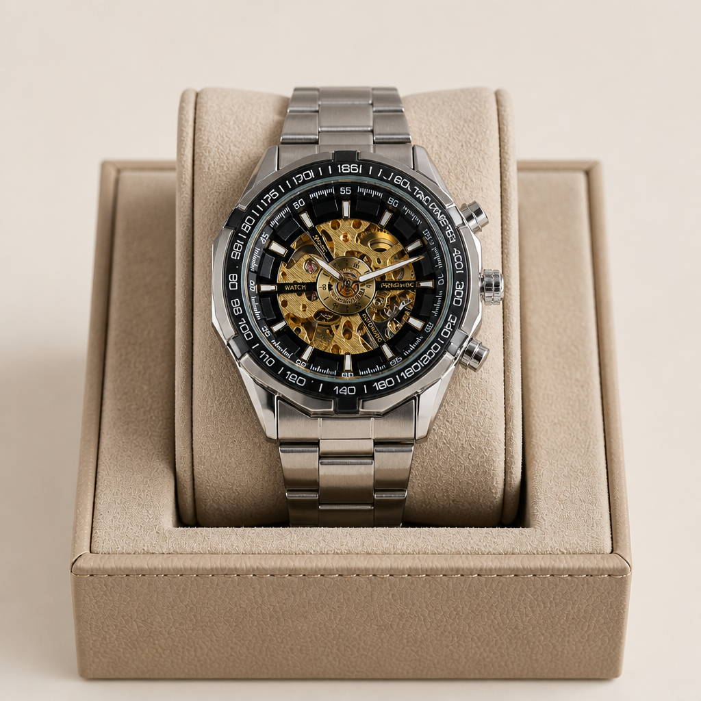 Montre homme squelette argent à cadran or posée dans son écrin en cuir beige