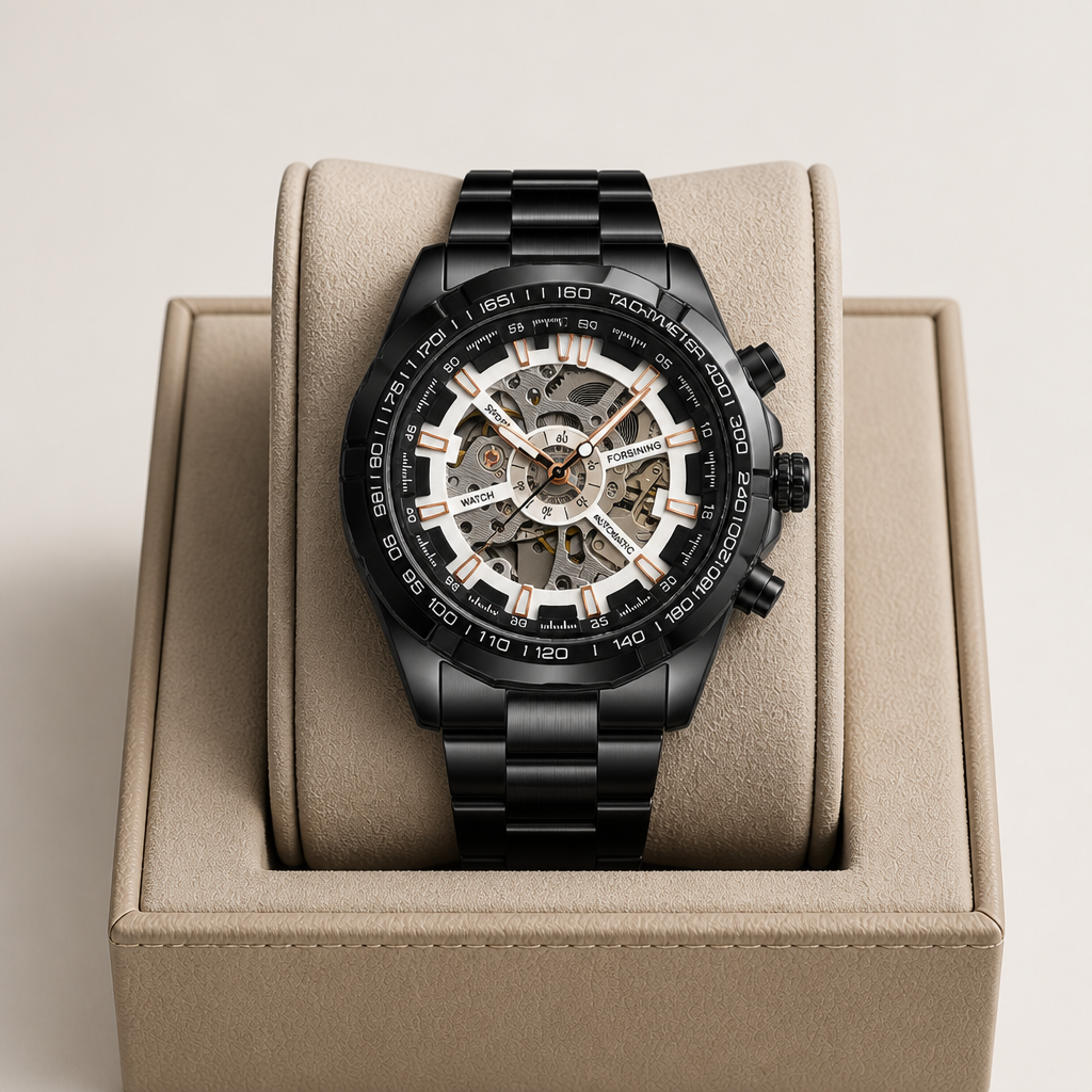 Montre homme squelette noire à cadran blanc posée dans son écrin en cuir beige