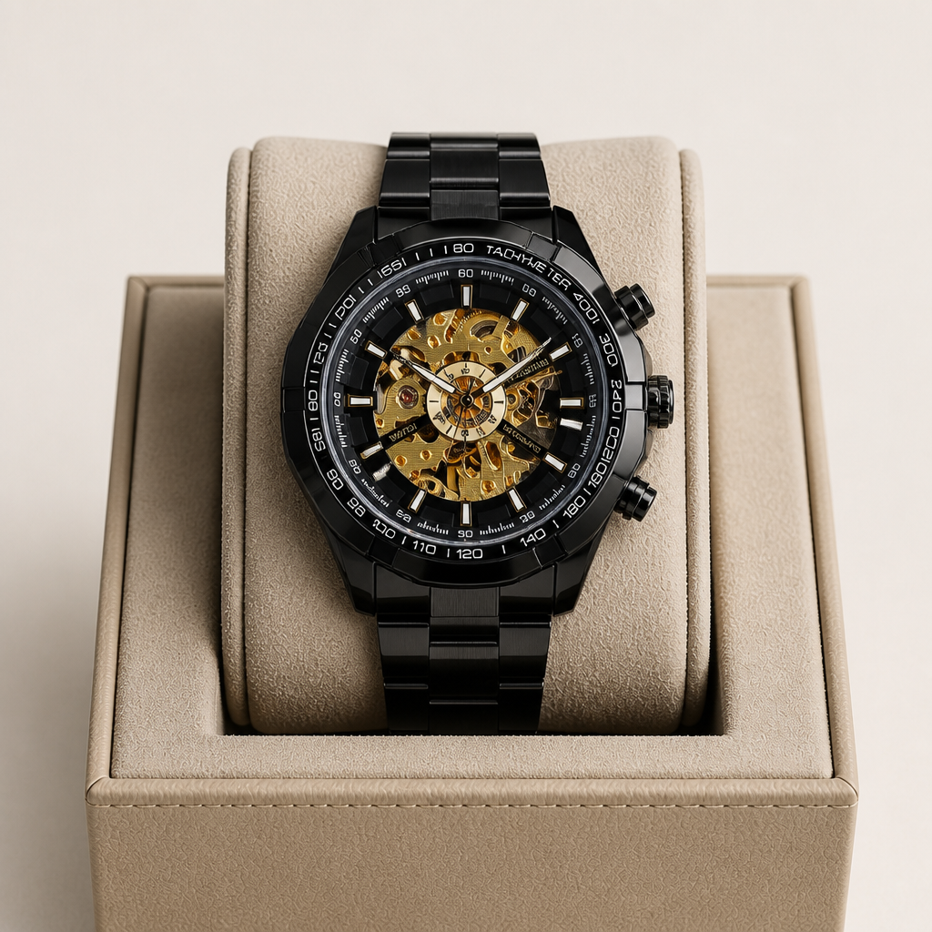 Montre homme squelette noire à cadran or posée dans son écrin en cuir beige