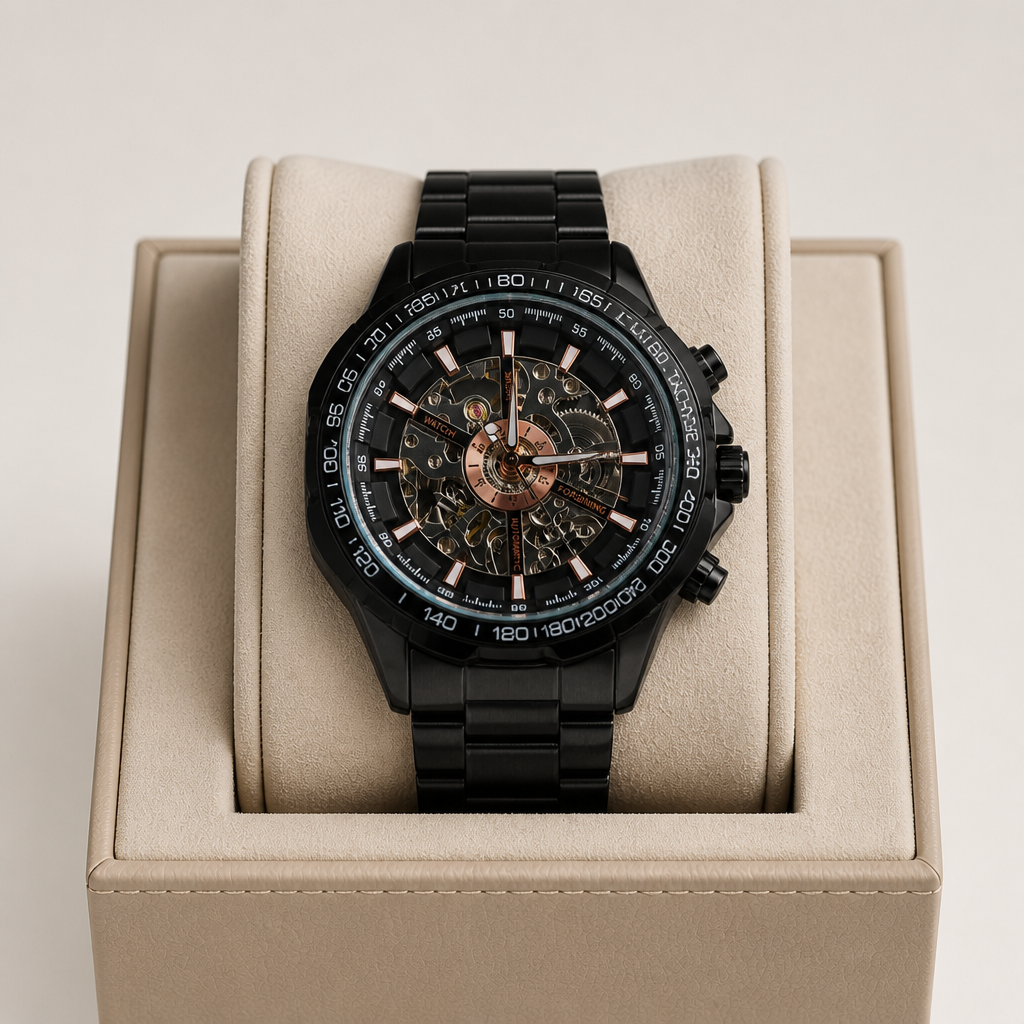 Montre homme squelette noire à cadran or rose posée dans son écrin en cuir beige