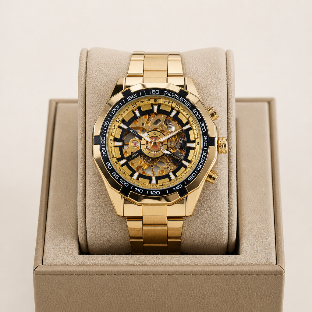 Montre homme squelette or à cadran noir posée dans son écrin en cuir beige