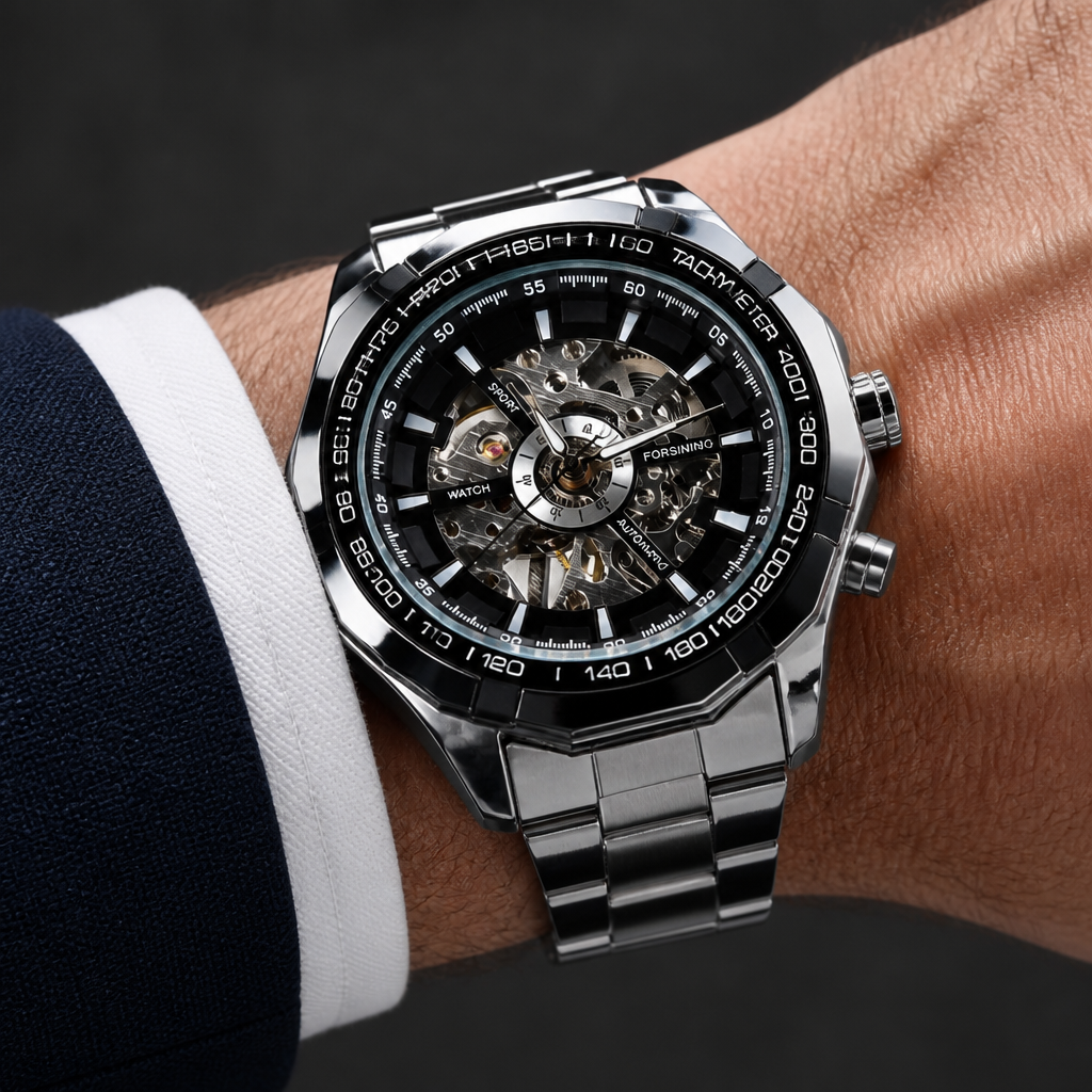 Montre homme squelette automatique argent à cadran noir portée au poignet sous une manchette de chemise