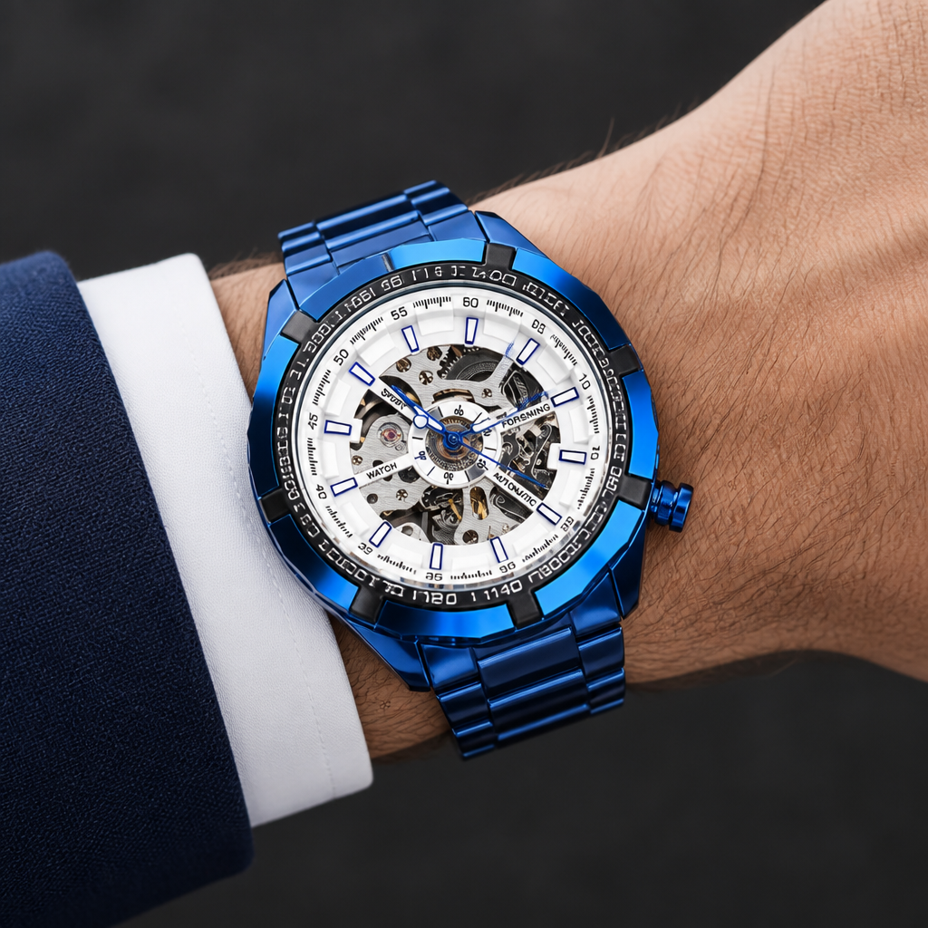 Montre homme squelette automatique bleue à cadran blanc portée au poignet