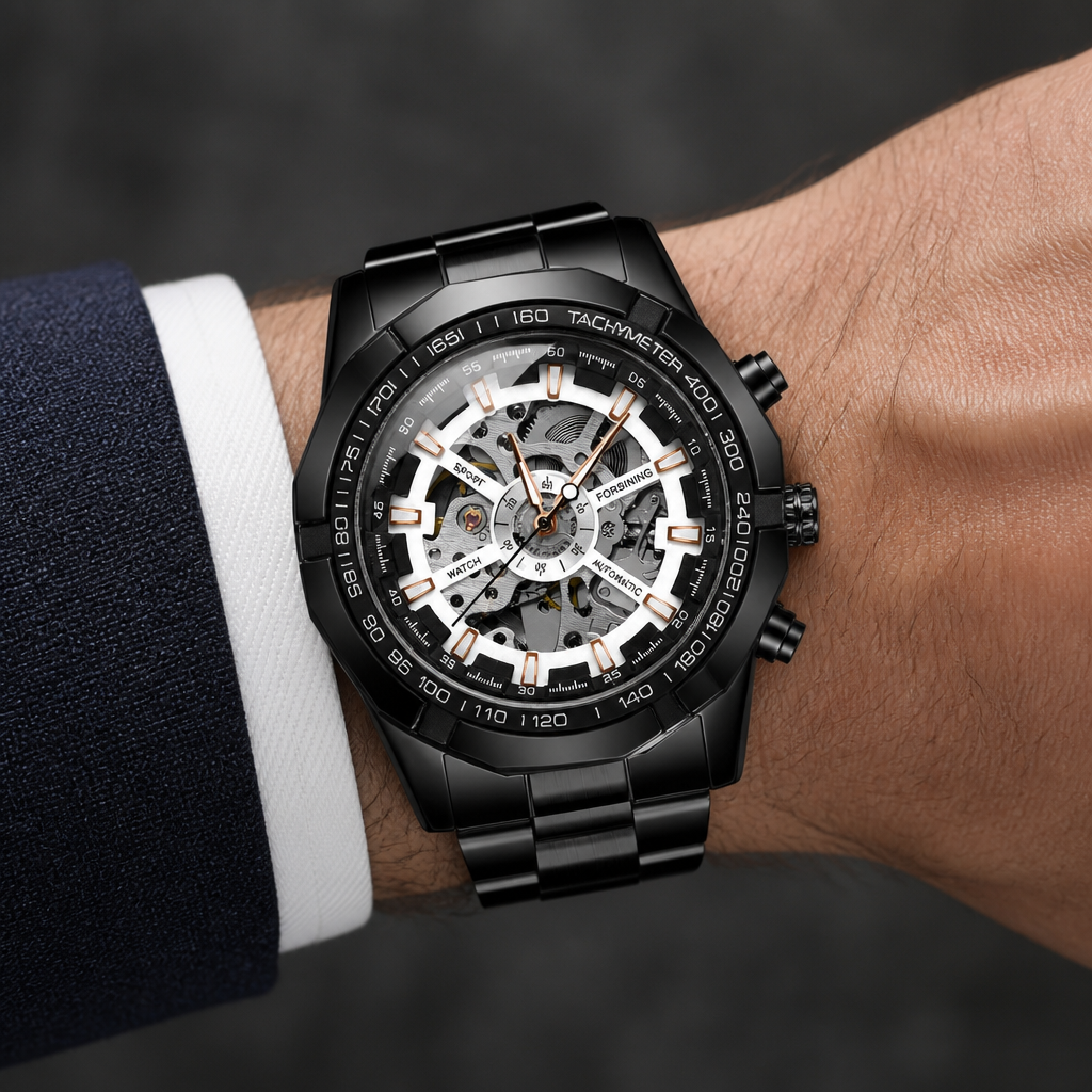 Montre homme squelette automatique noire à cadran blanc portée au poignet