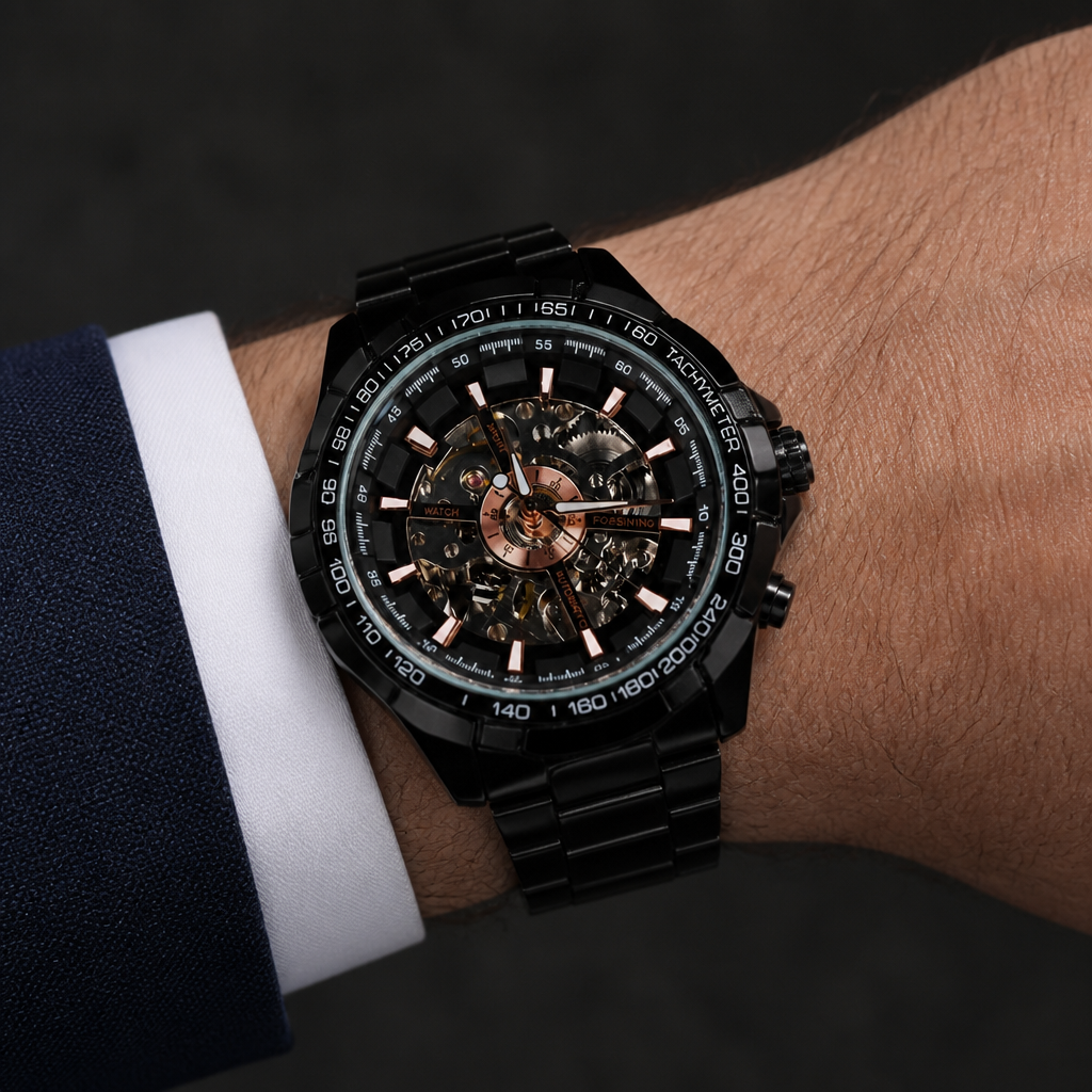 Montre homme squelette automatique noire à cadran or rose portée au poignet