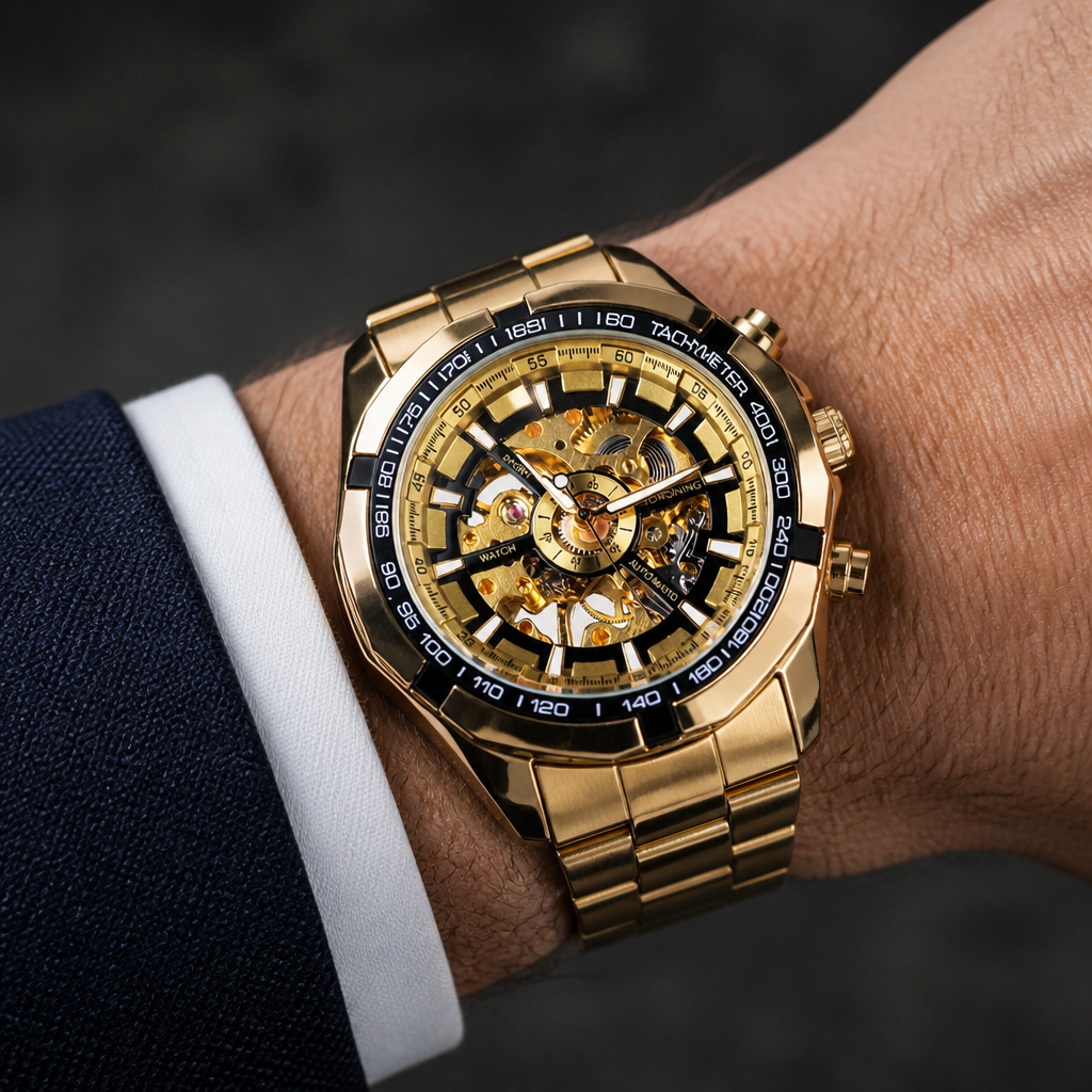 Montre homme squelette automatique or à cadran noir portée au poignet