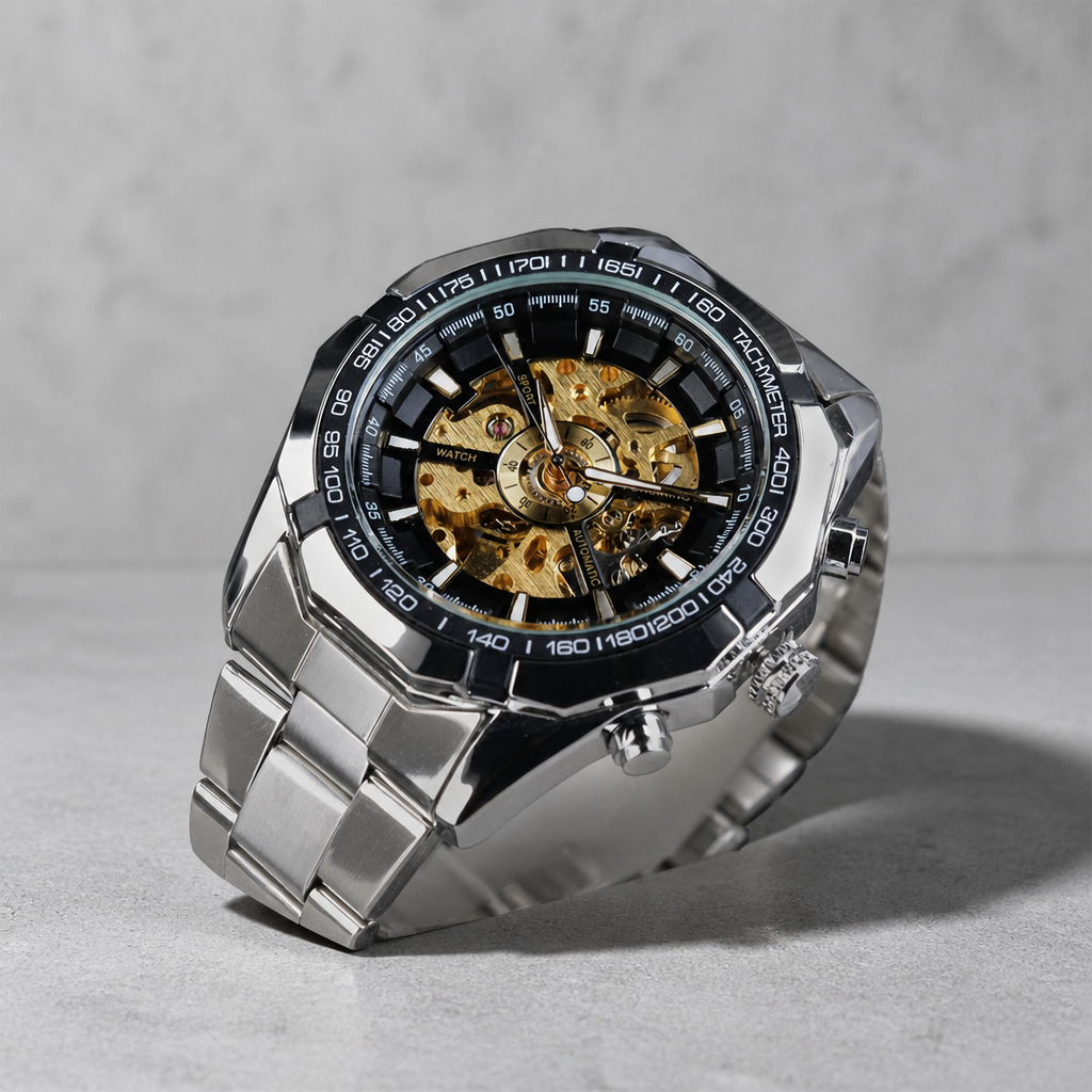 Montre homme squelette automatique argent à cadran or sur dalle de béton