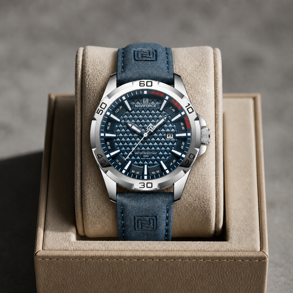 Montre homme tendance à cadran bleu présentée dans son écrin en cuir beige