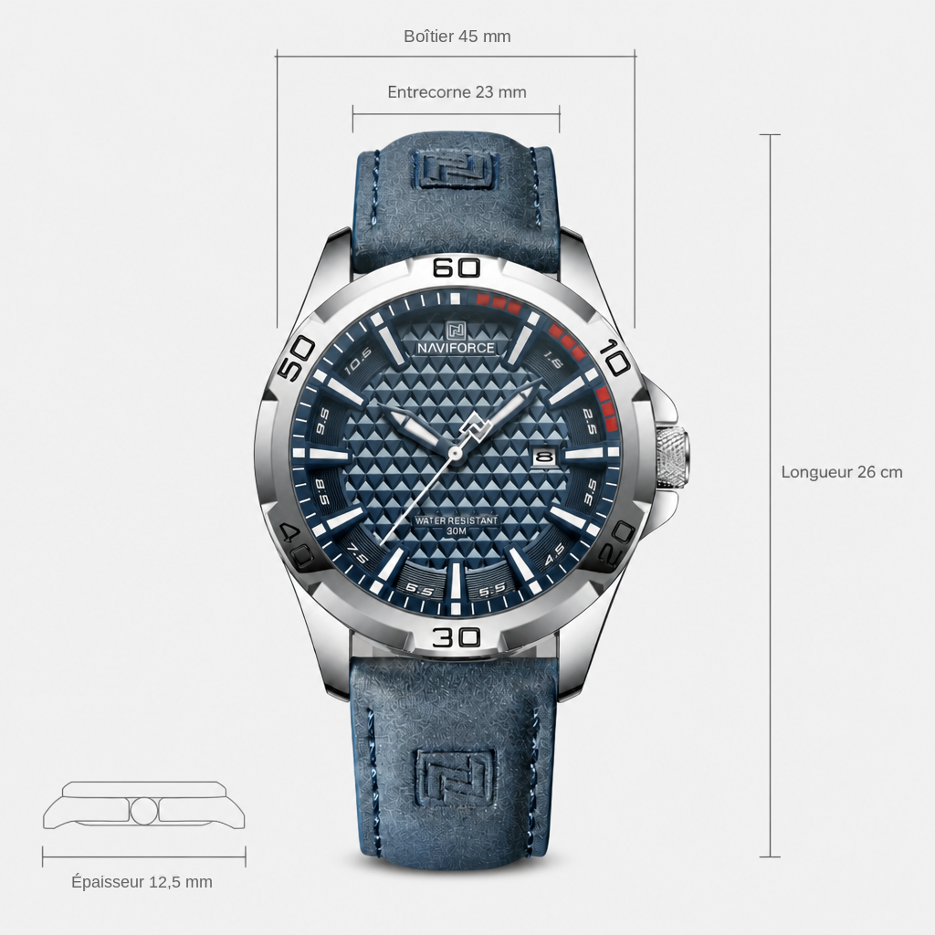 Plan de cotes de la montre : diamètre du boîtier, épaisseur, entrecorne et longueur du bracelet