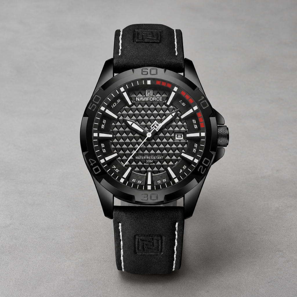 Montre homme tendance, boîtier noir et bracelet en cuir PU noir