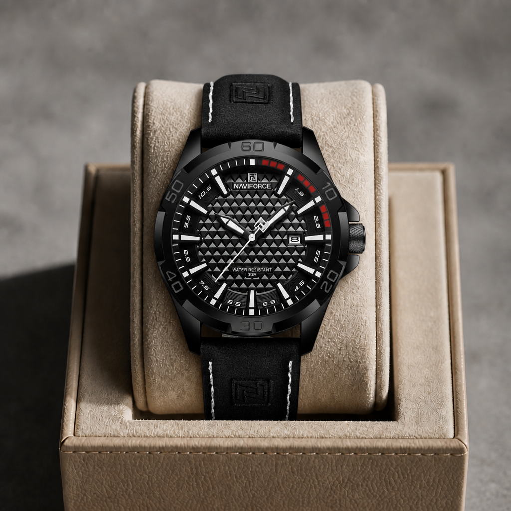 Montre homme tendance à boîtier noir dans son écrin en cuir beige