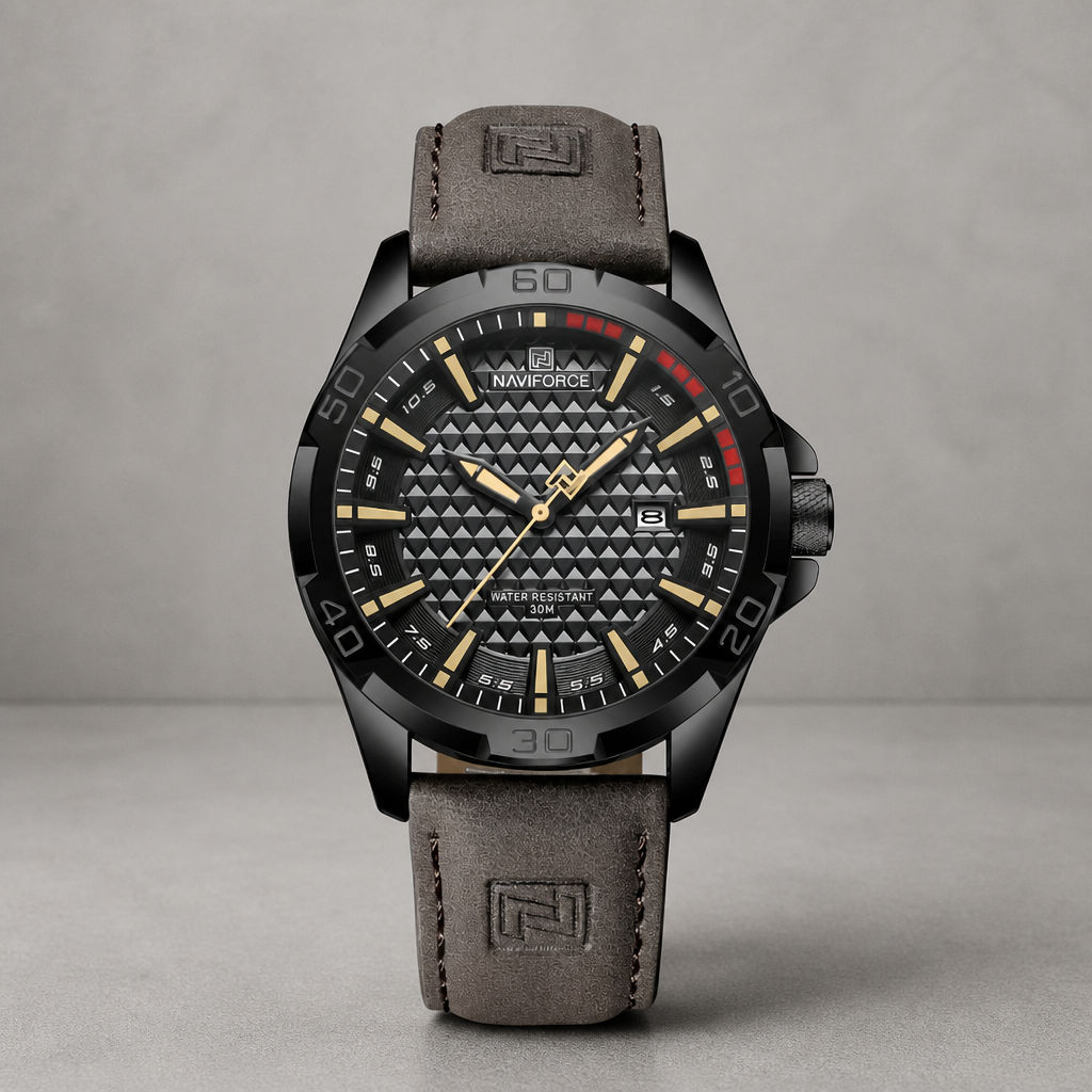 Montre homme tendance, index dorés et bracelet en cuir PU marron