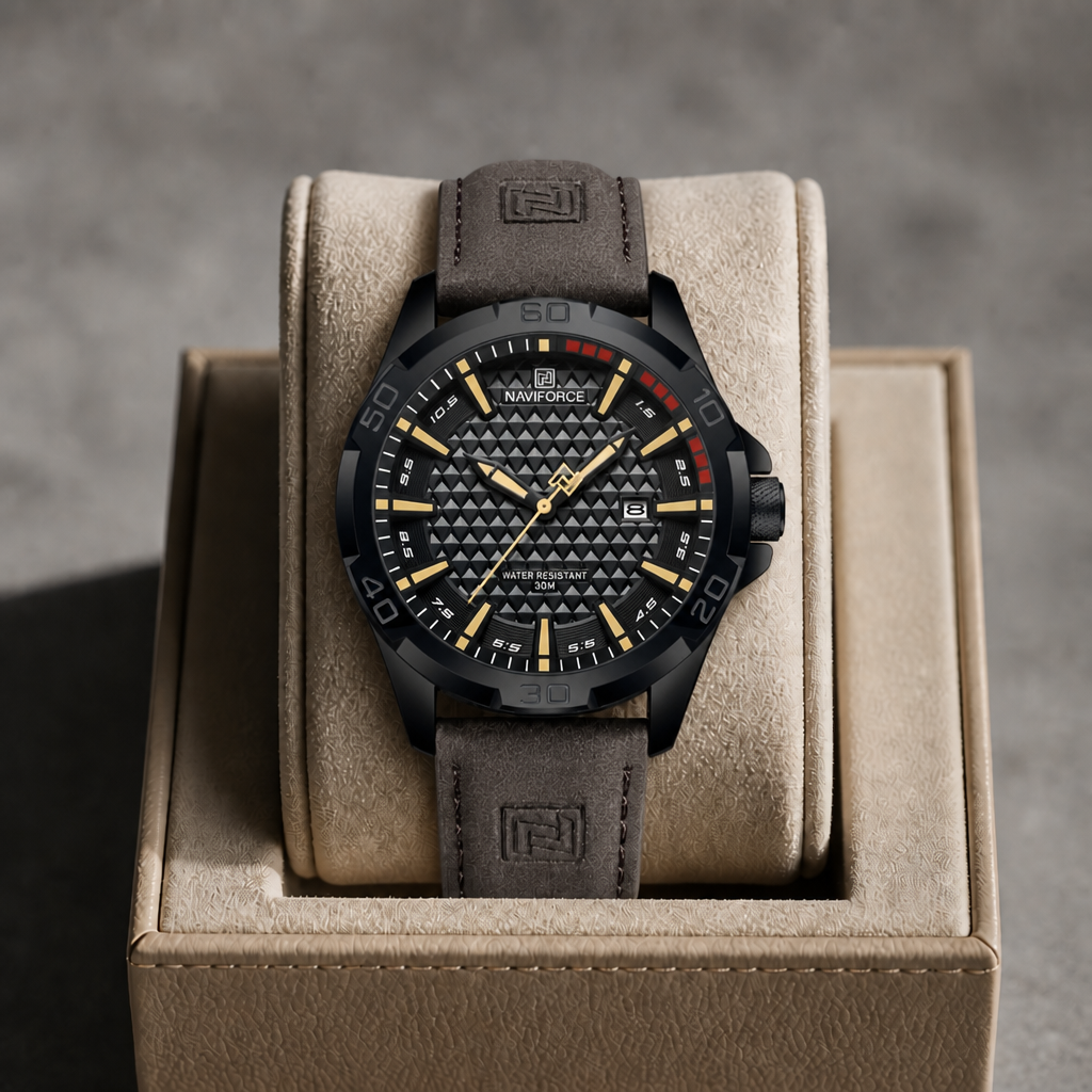 Montre homme tendance à index dorés dans son écrin en cuir beige