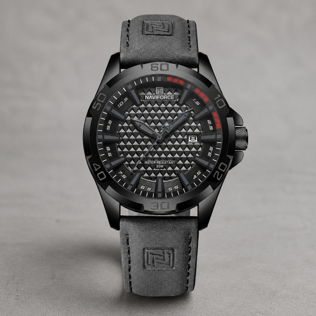 Montre homme tendance, boîtier noir et bracelet en cuir PU gris