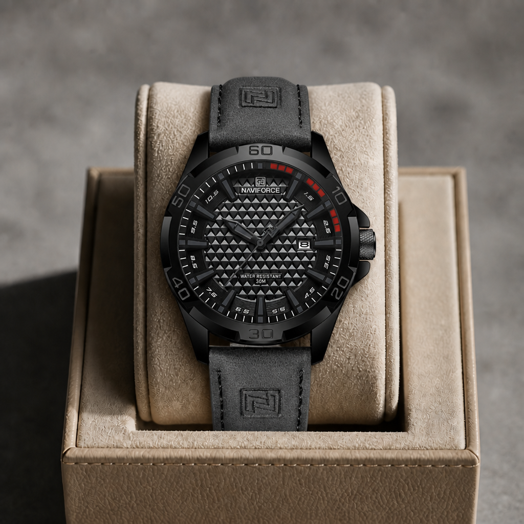 Montre homme tendance à bracelet gris dans son écrin en cuir beige