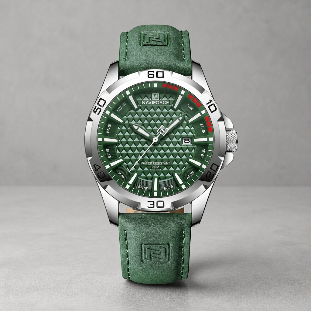 Montre homme tendance, cadran vert en relief et bracelet en cuir PU vert