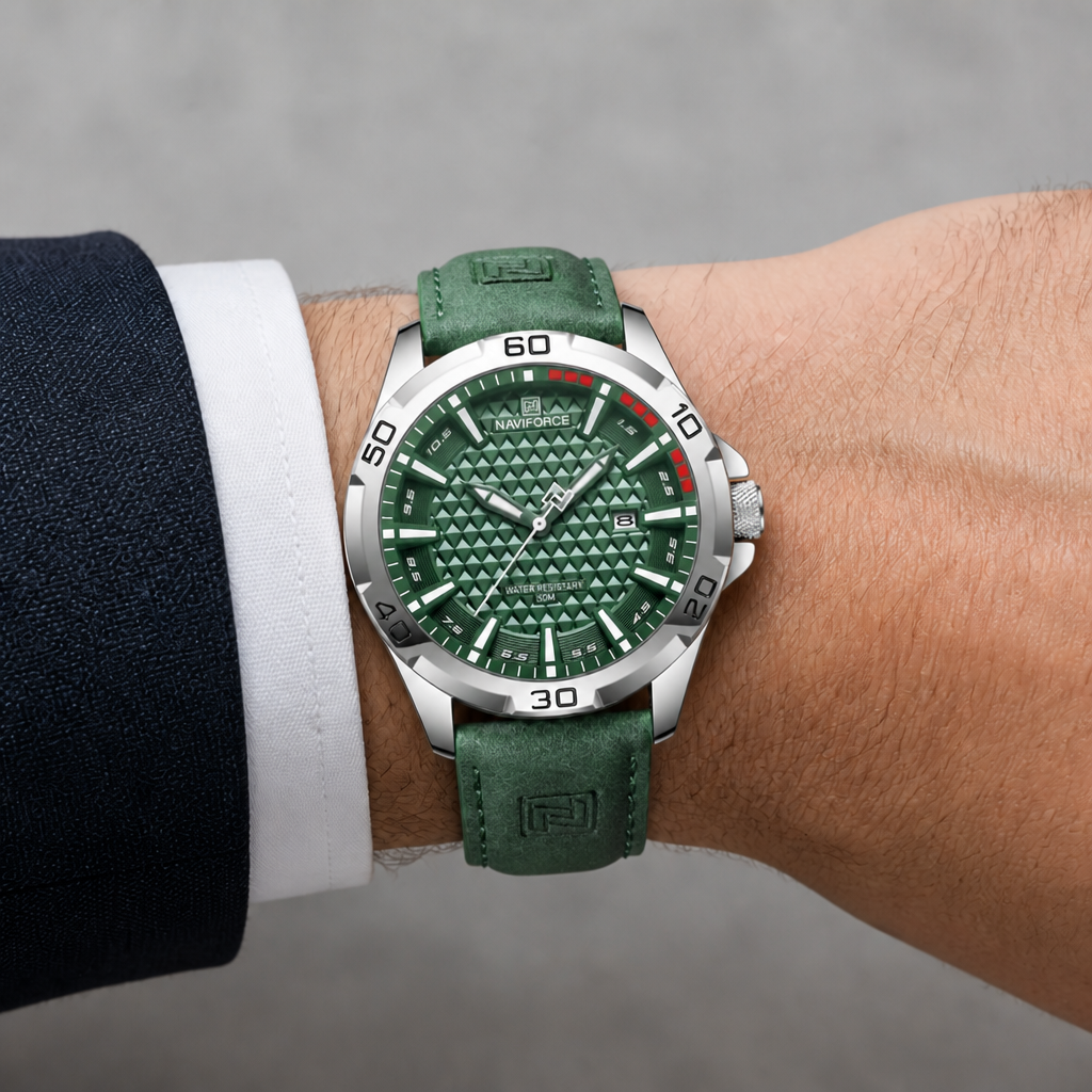 Montre homme tendance à cadran vert portée au poignet