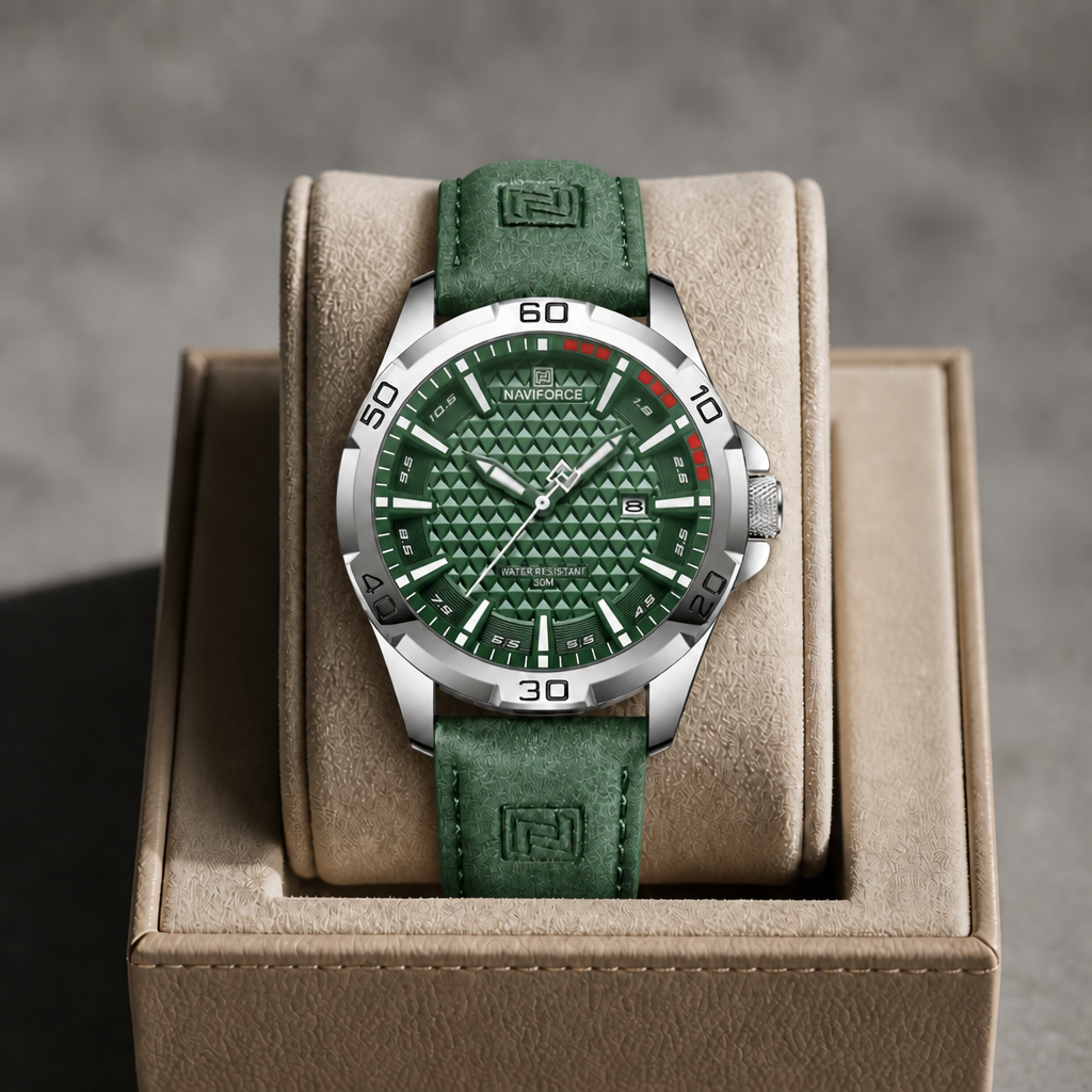 Montre homme tendance à cadran vert dans son écrin en cuir beige