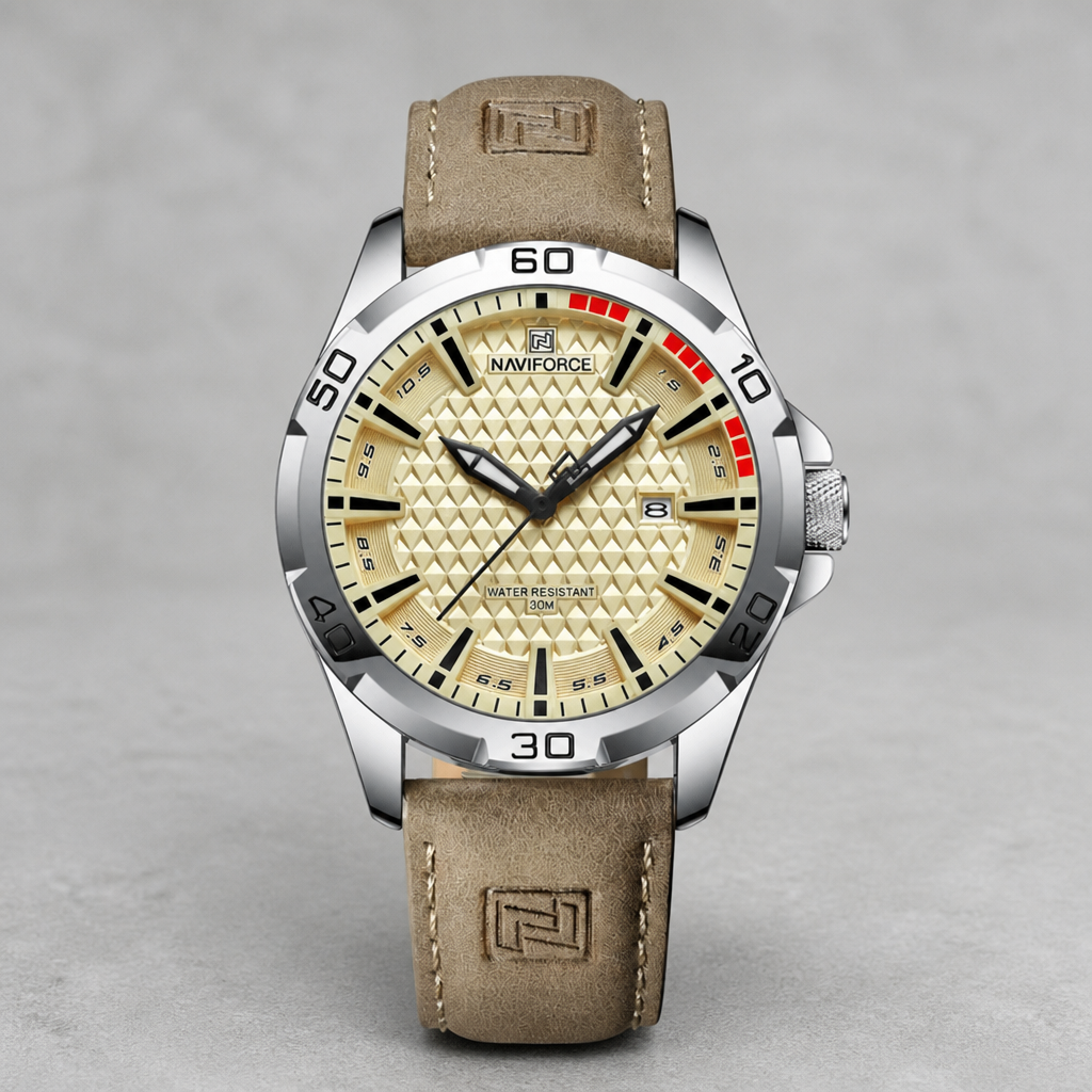 Montre homme tendance, cadran crème et bracelet en cuir PU beige