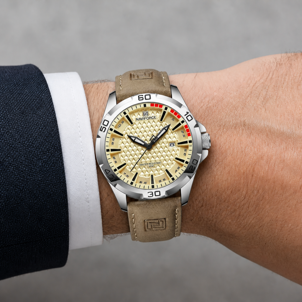 Montre homme tendance à cadran crème portée au poignet