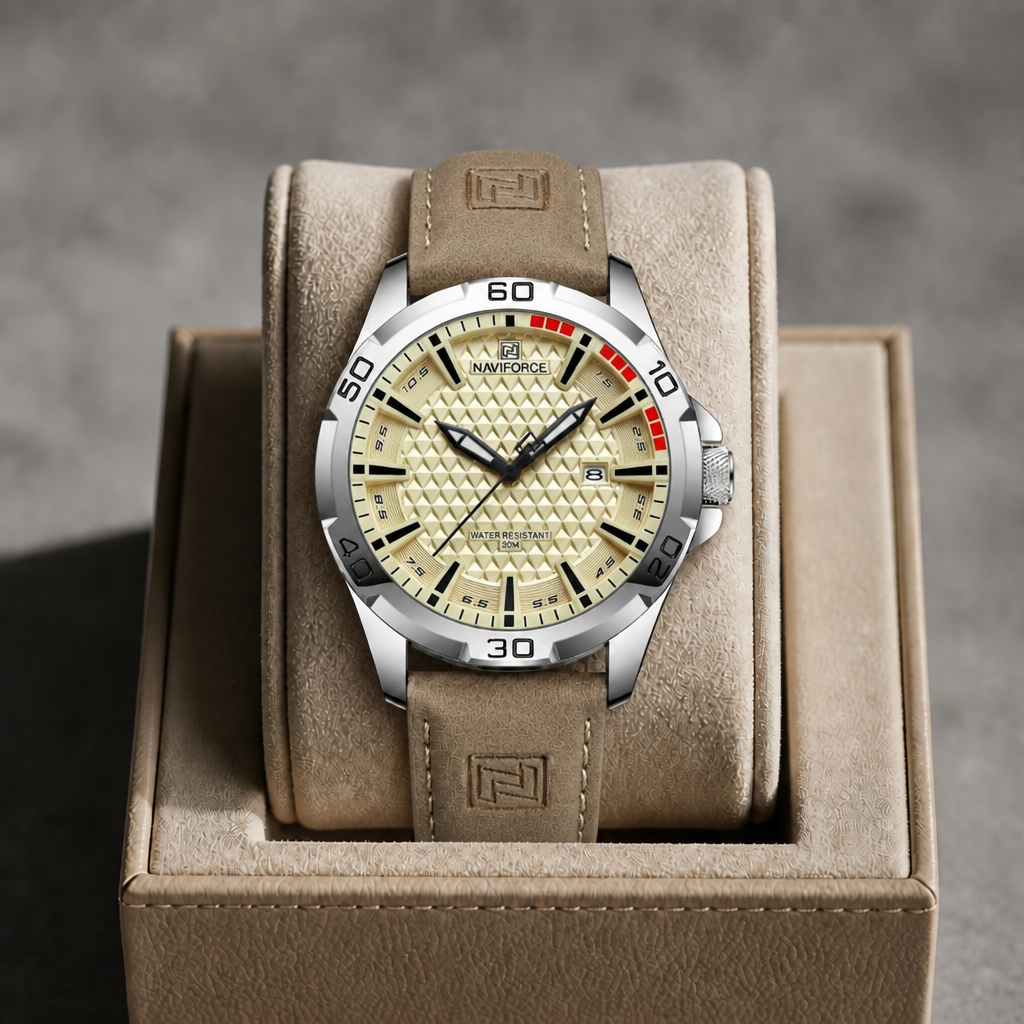 Montre homme tendance à cadran crème dans son écrin en cuir beige