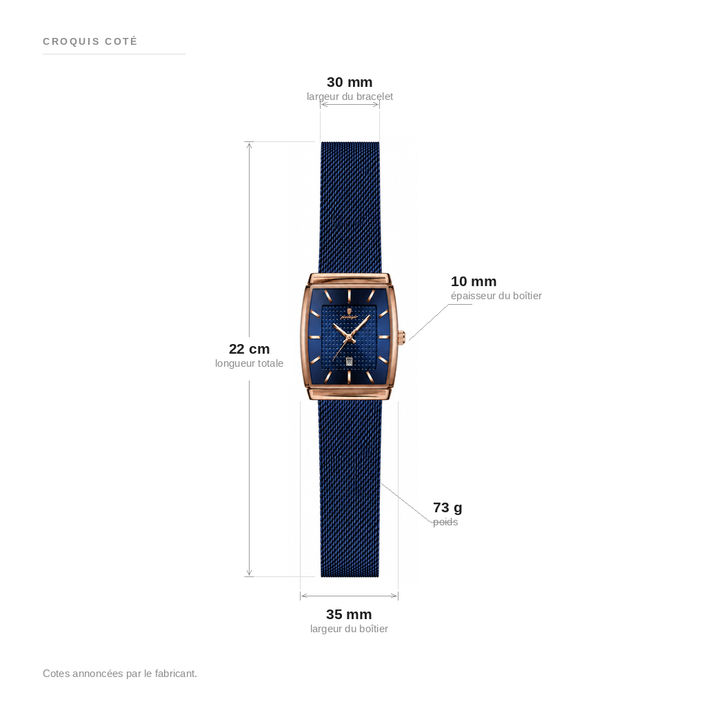 Croquis coté de la montre Lucien : largeur du boîtier, largeur et longueur du bracelet maille milanaise