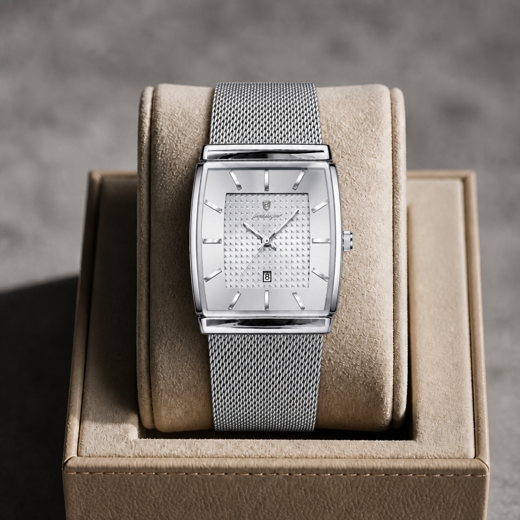 Montre Lucien argent et blanc présentée dans son écrin en cuir beige