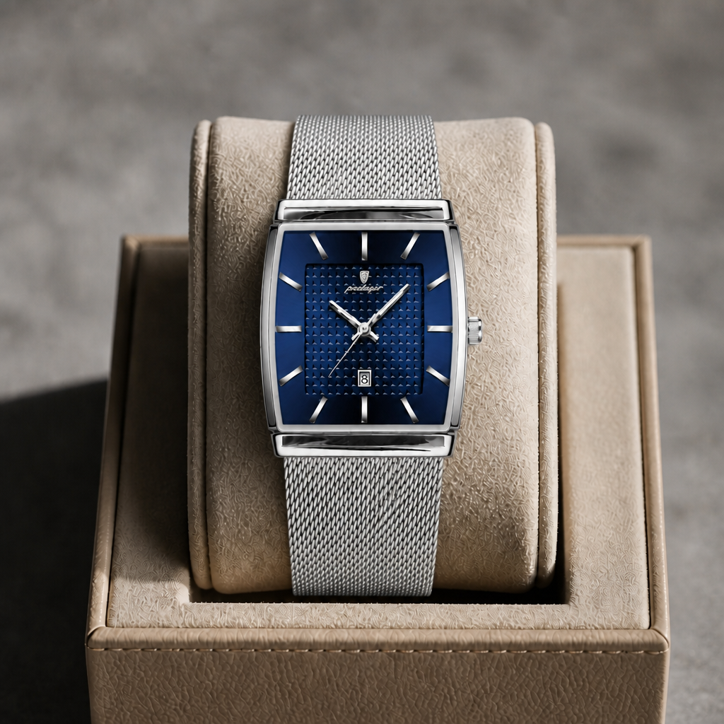 Montre Lucien argent et bleu présentée dans son écrin en cuir beige