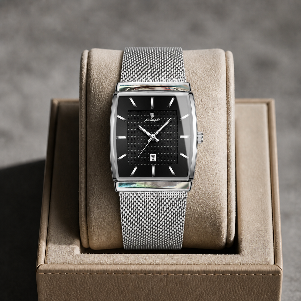 Montre Lucien argent et noir présentée dans son écrin en cuir beige
