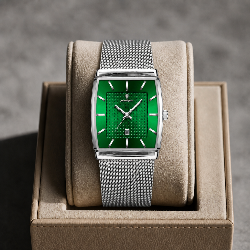 Montre Lucien argent et vert présentée dans son écrin en cuir beige