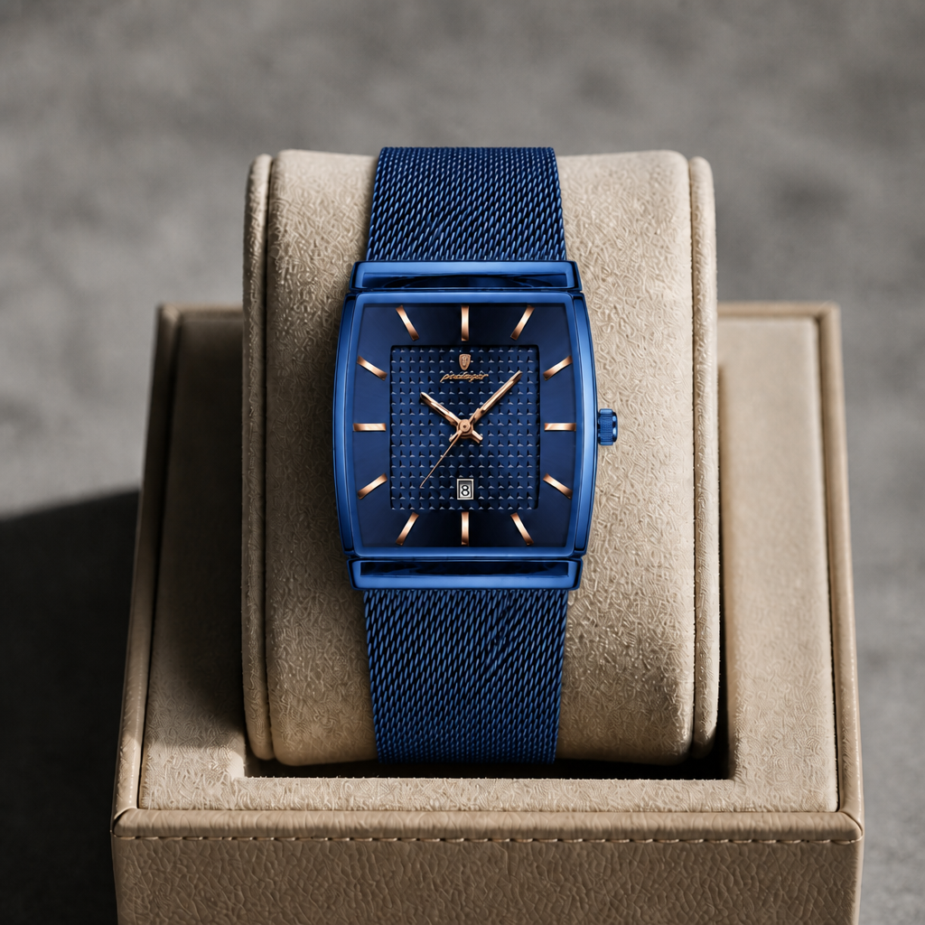 Montre Lucien bleue présentée dans son écrin en cuir beige