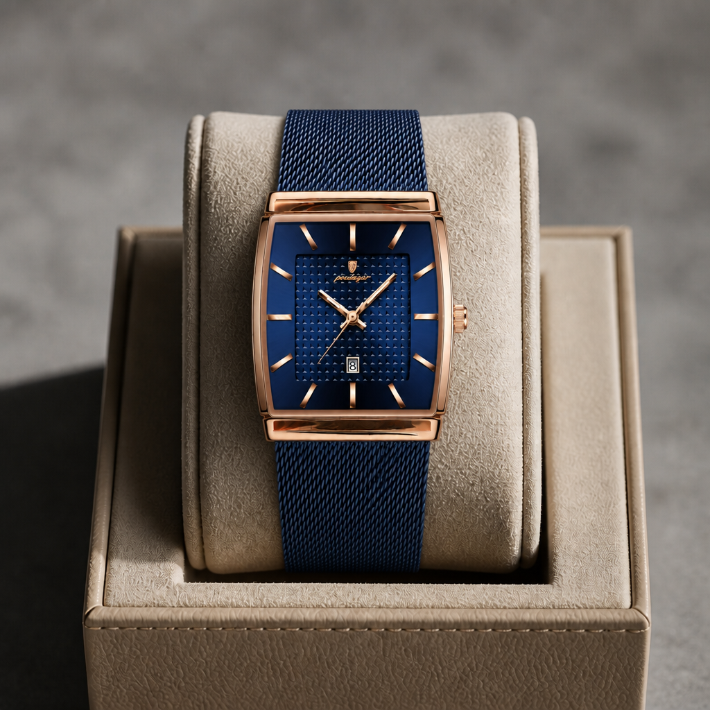 Montre Lucien bleu et or rose présentée dans son écrin en cuir beige