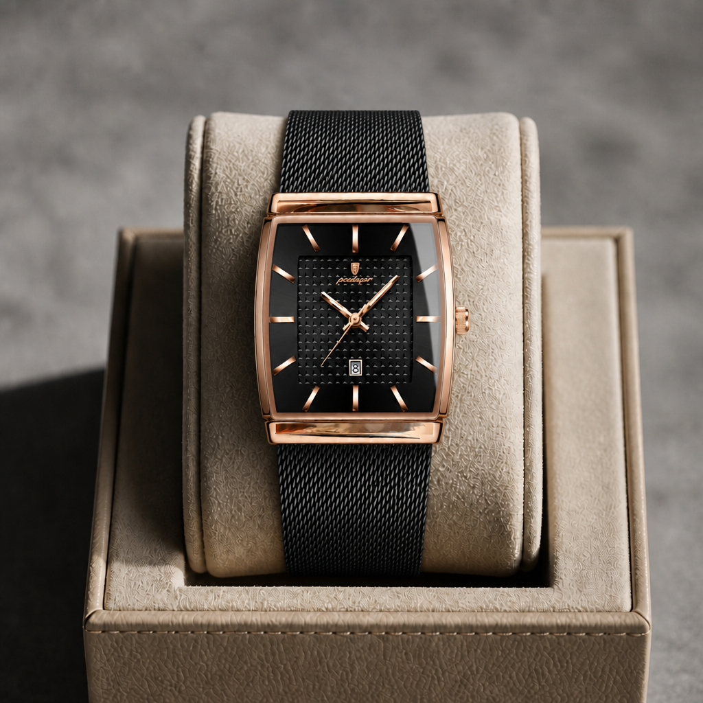 Montre Lucien noir et or rose présentée dans son écrin en cuir beige