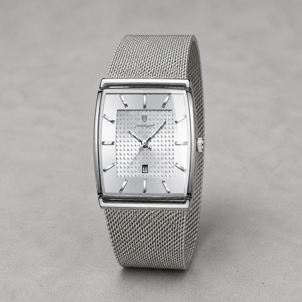 Montre maille milanaise homme rectangulaire Lucien, cadran blanc et boîtier argent