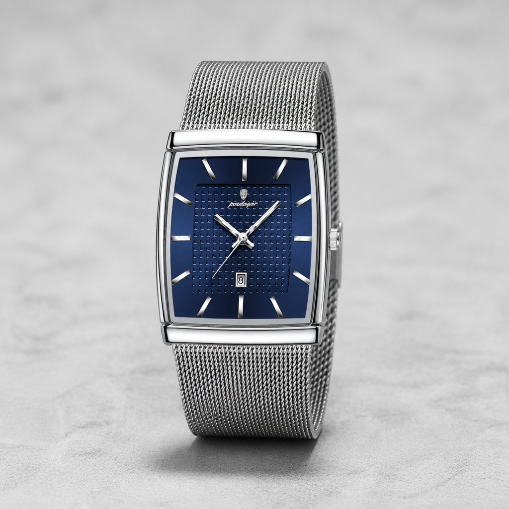 Montre maille milanaise homme rectangulaire Lucien, cadran bleu et boîtier argent