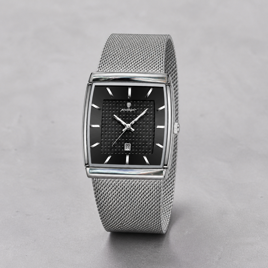 Montre maille milanaise homme rectangulaire Lucien, cadran noir et boîtier argent