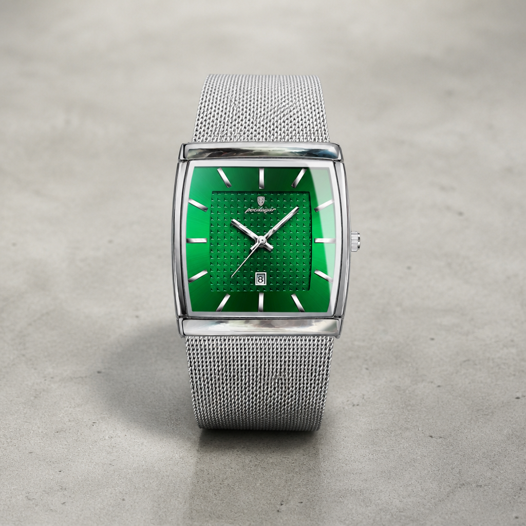 Montre maille milanaise homme rectangulaire Lucien, cadran vert et boîtier argent