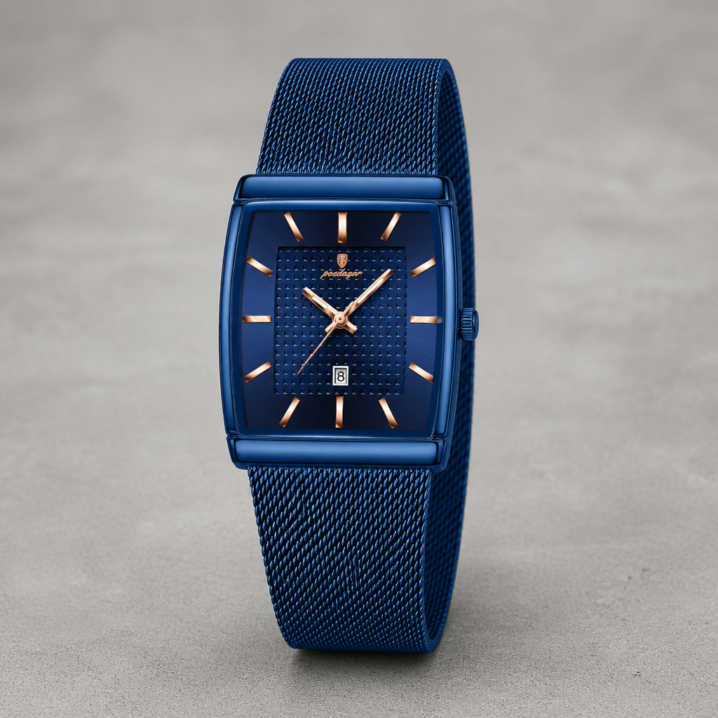 Montre maille milanaise homme rectangulaire Lucien entièrement bleue