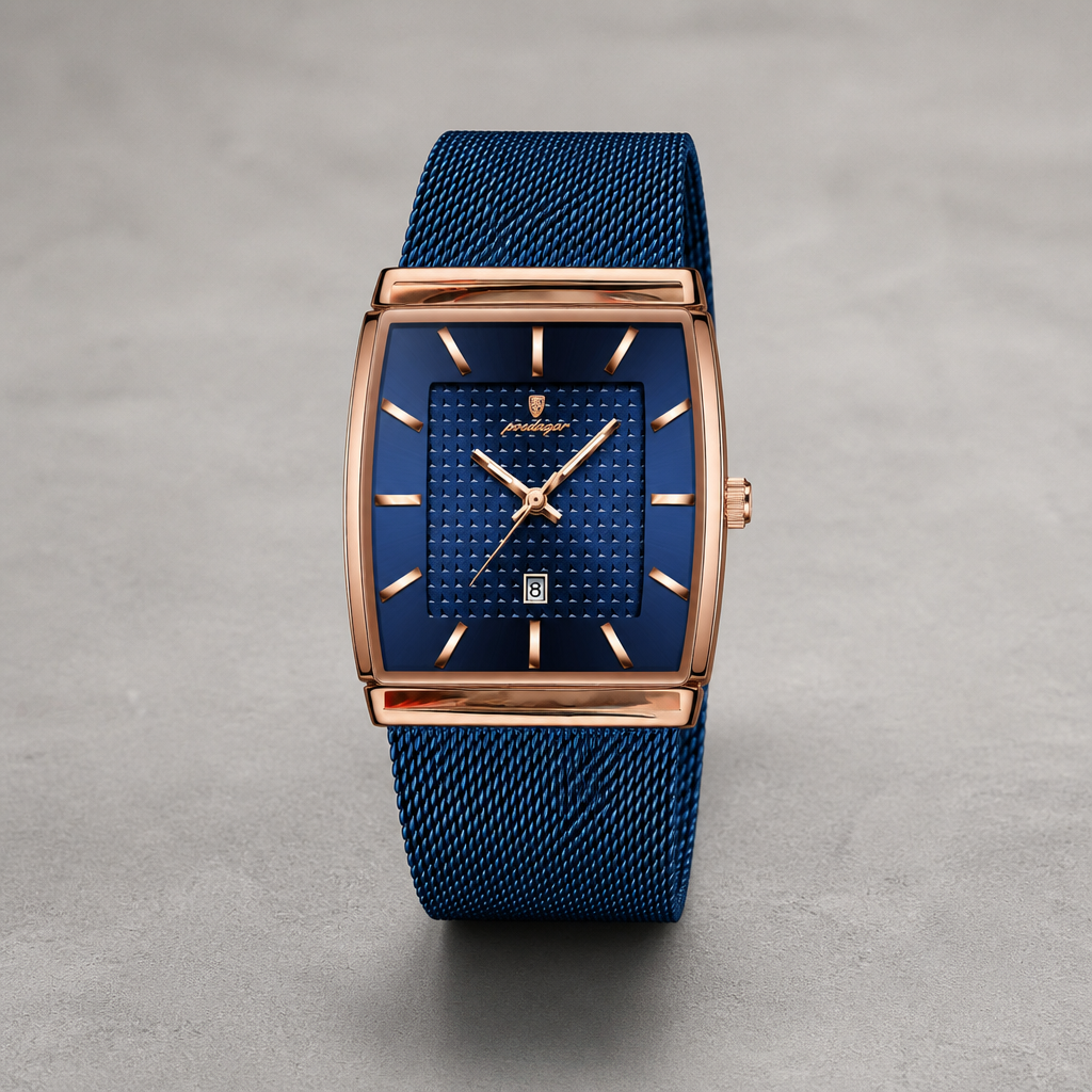 Montre maille milanaise homme rectangulaire Lucien, cadran bleu et boîtier or rose