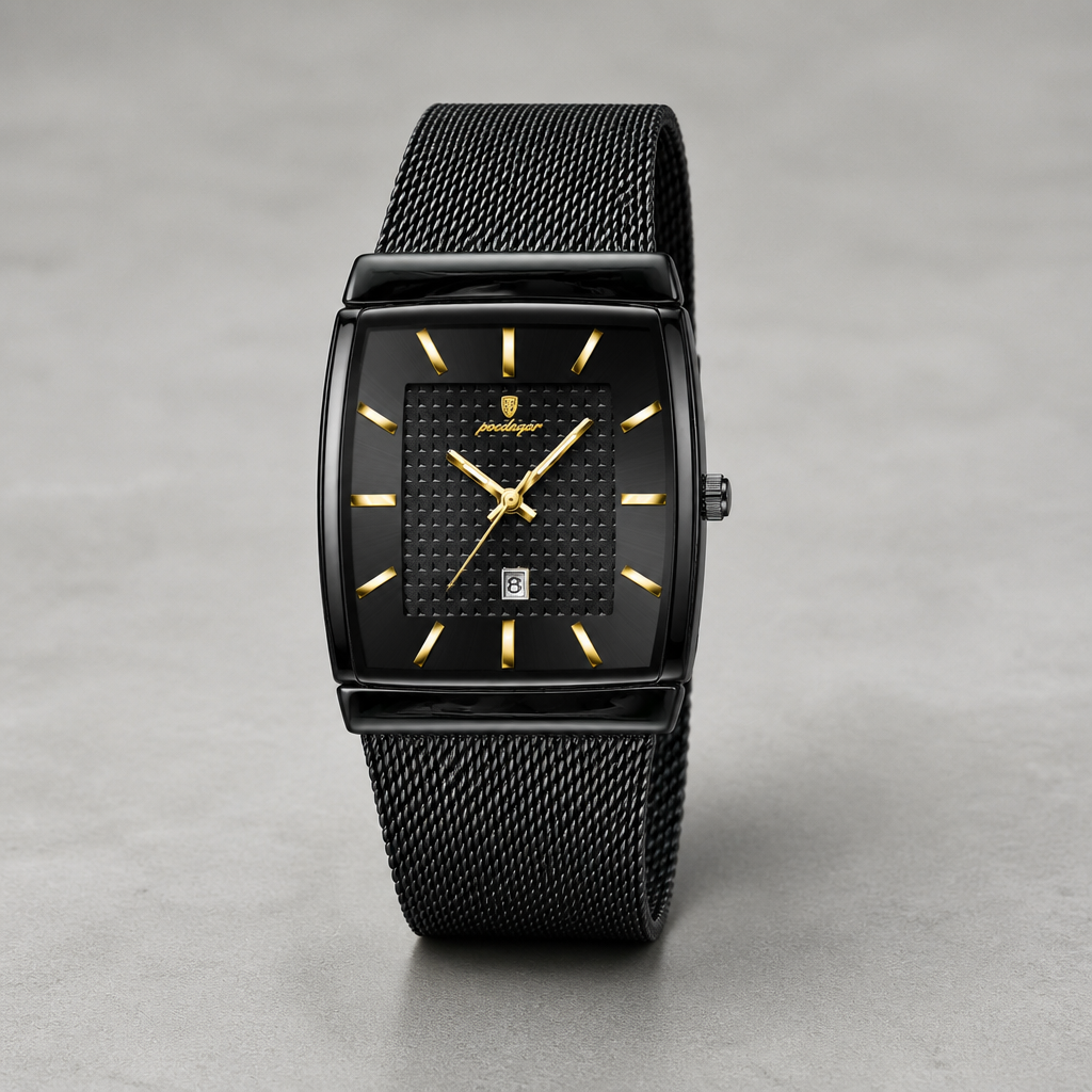 Montre maille milanaise homme rectangulaire Lucien entièrement noire