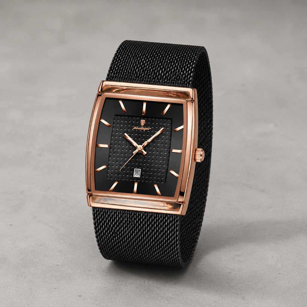 Montre maille milanaise homme rectangulaire Lucien, cadran noir et boîtier or rose
