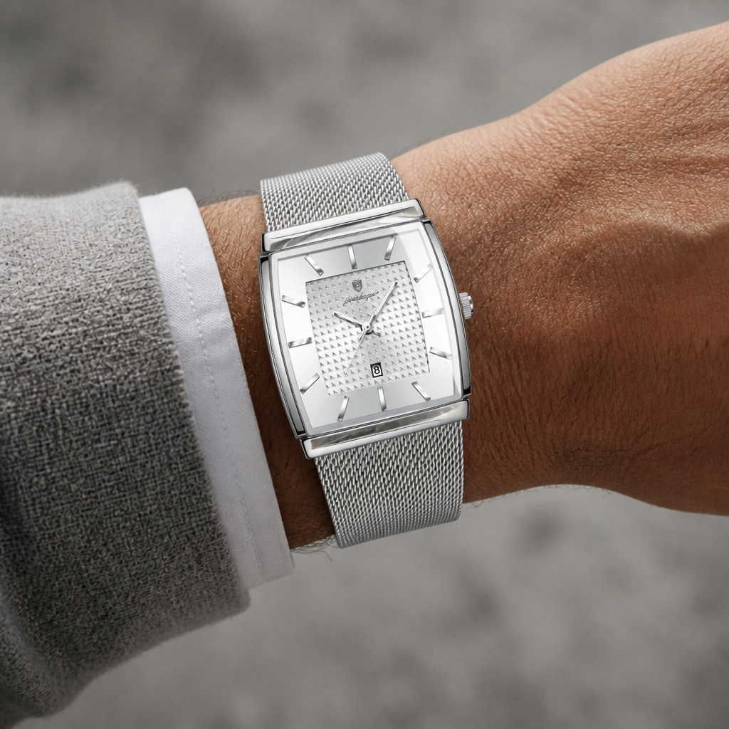 Montre maille milanaise homme rectangulaire Lucien argent et blanc portée au poignet