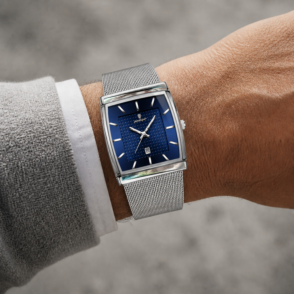 Montre maille milanaise homme rectangulaire Lucien argent et bleu portée au poignet