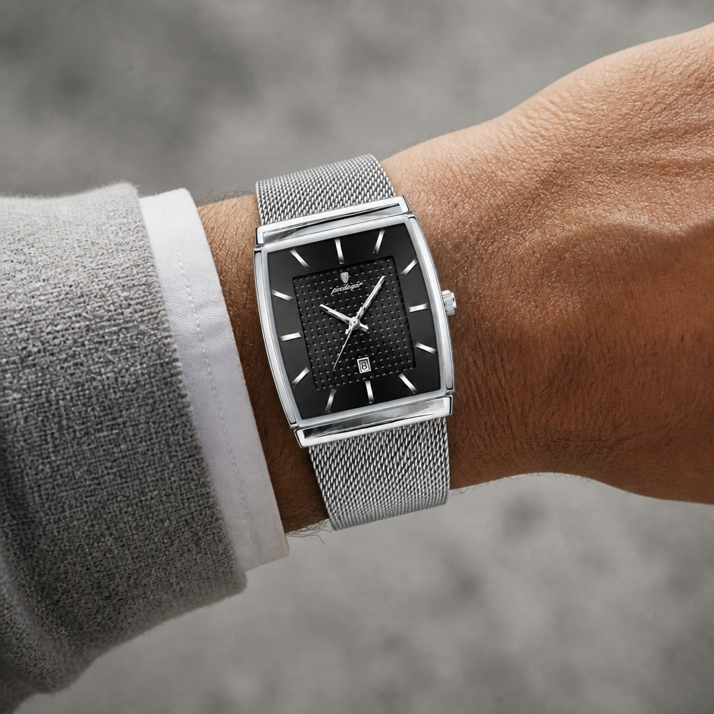 Montre maille milanaise homme rectangulaire Lucien argent et noir portée au poignet