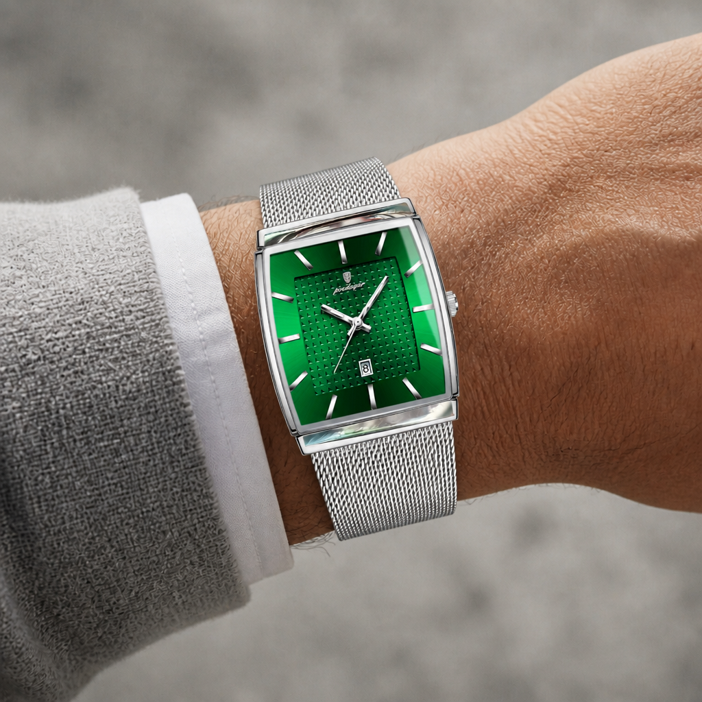 Montre maille milanaise homme rectangulaire Lucien argent et vert portée au poignet